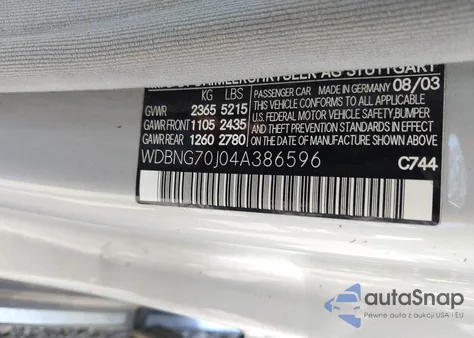 2004 Mercedes-Benz S 430 from USA, damaged, VIN WDBNG70J04A386596